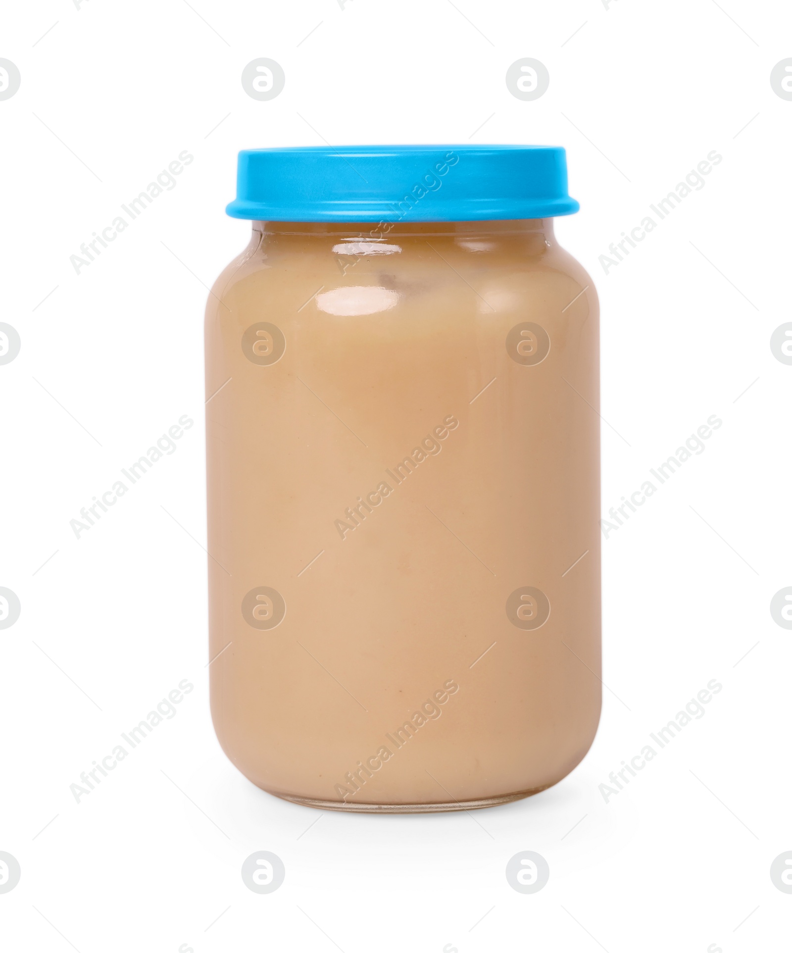 Photo of Glass jar with healthy baby food isolated on white