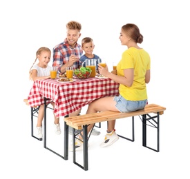 Happy family having picnic at table on white background