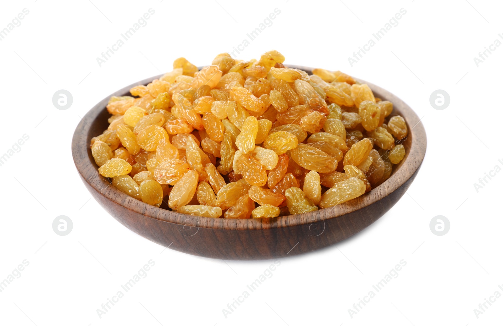 Photo of Bowl with dried golden raisins isolated on white. Healthy nutrition with fruits