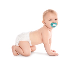 Cute little baby crawling on white background