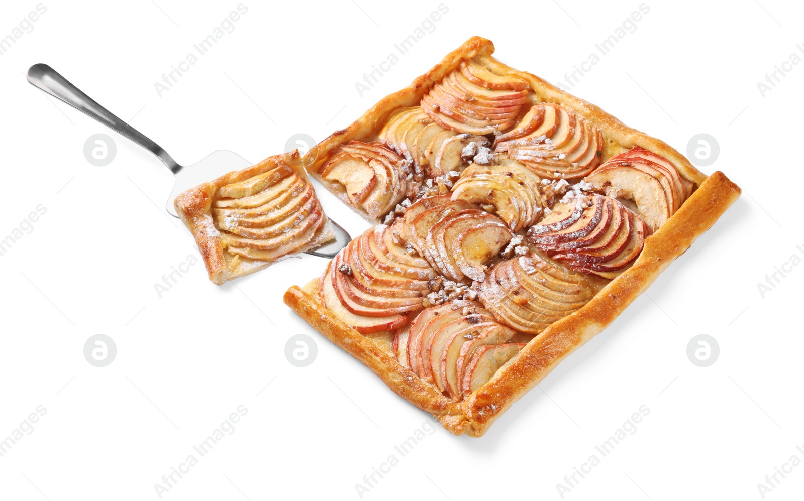 Photo of Freshly baked apple pie with nuts and cake server isolated on white