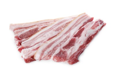 Photo of Slices of tasty pork fatback with spices on white background
