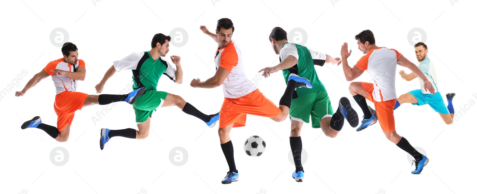 Image of Collage with photos of young men playing football on white background. Banner design