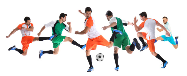 Image of Collage with photos of young men playing football on white background. Banner design