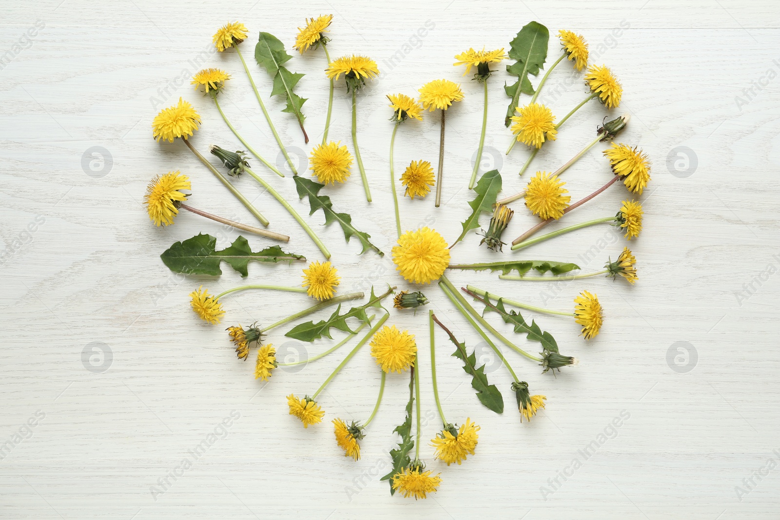 Photo of Heart made of beautiful yellow dandelions on white wooden table, flat lay