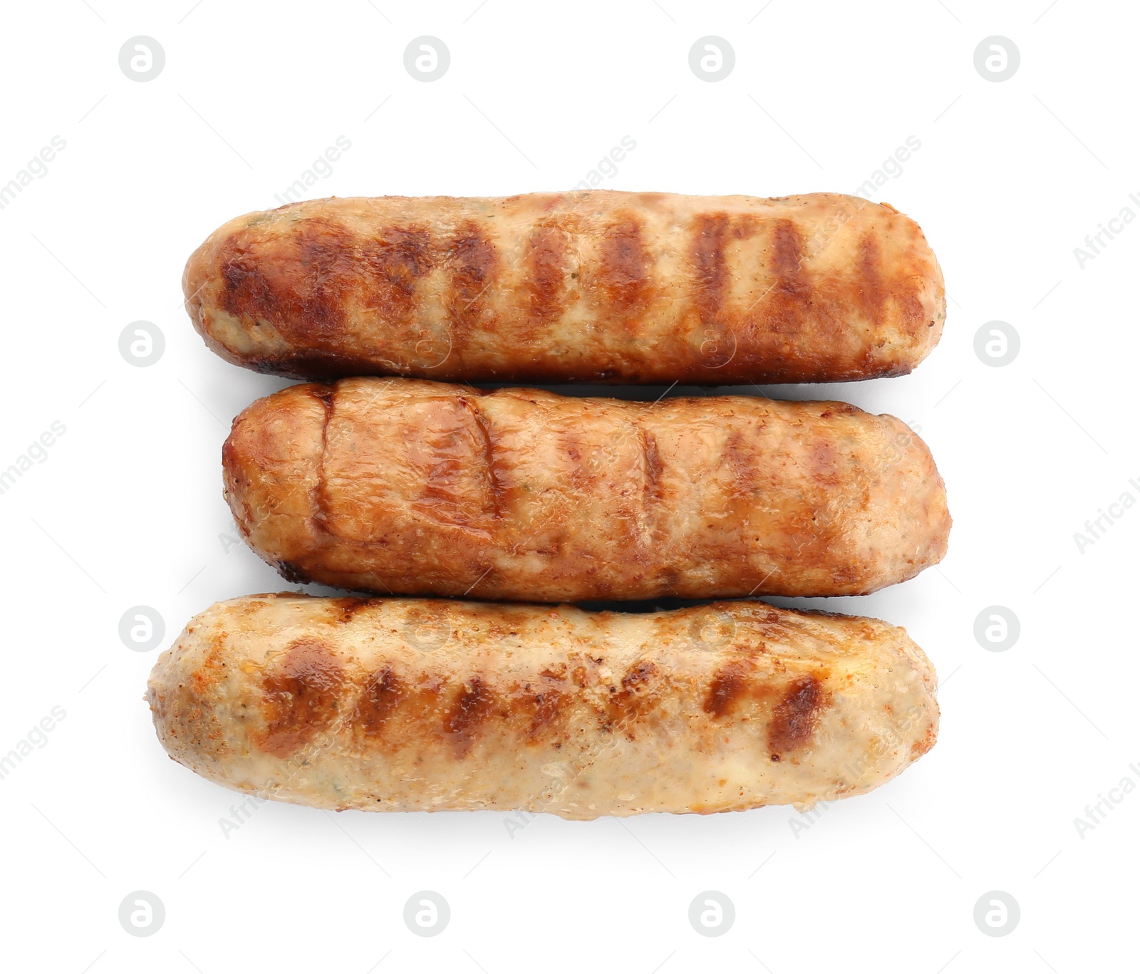 Photo of Tasty fresh grilled sausages isolated on white, top view