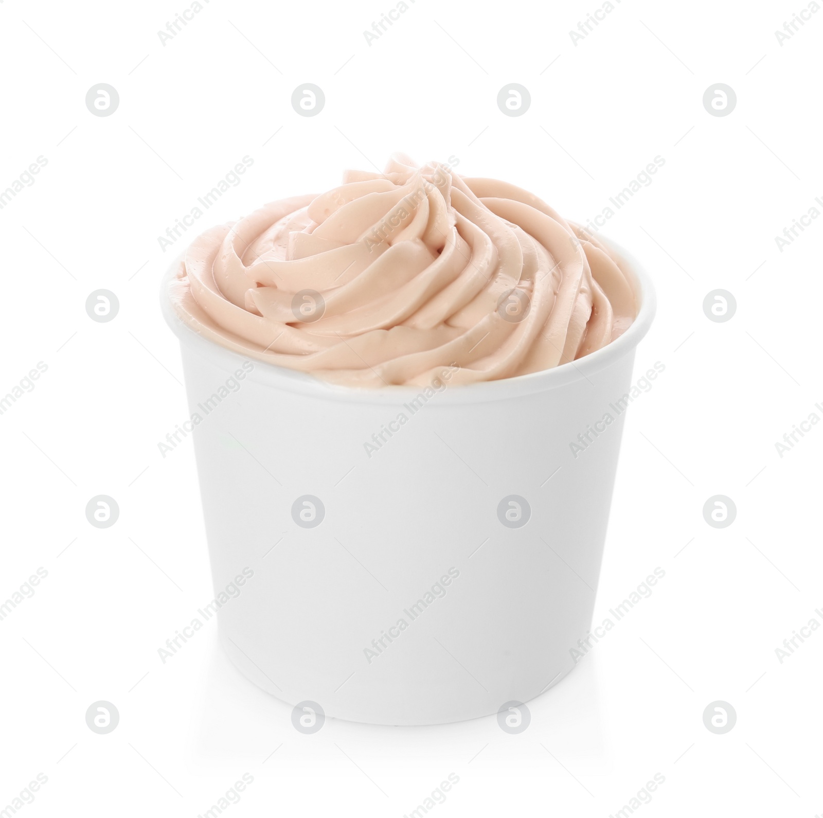 Photo of Cup with tasty frozen yogurt on white background