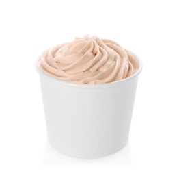 Cup with tasty frozen yogurt on white background