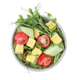 Bowl of tasty salad with tofu and vegetables isolated on white, top view