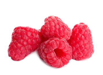 Photo of Delicious ripe sweet raspberries isolated on white