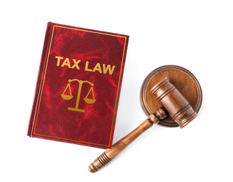Image of Tax law book and gavel on white background, top view