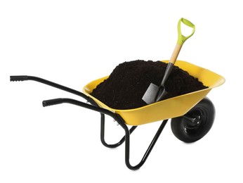 Wheelbarrow with soil and shovel isolated on white. Gardening tools
