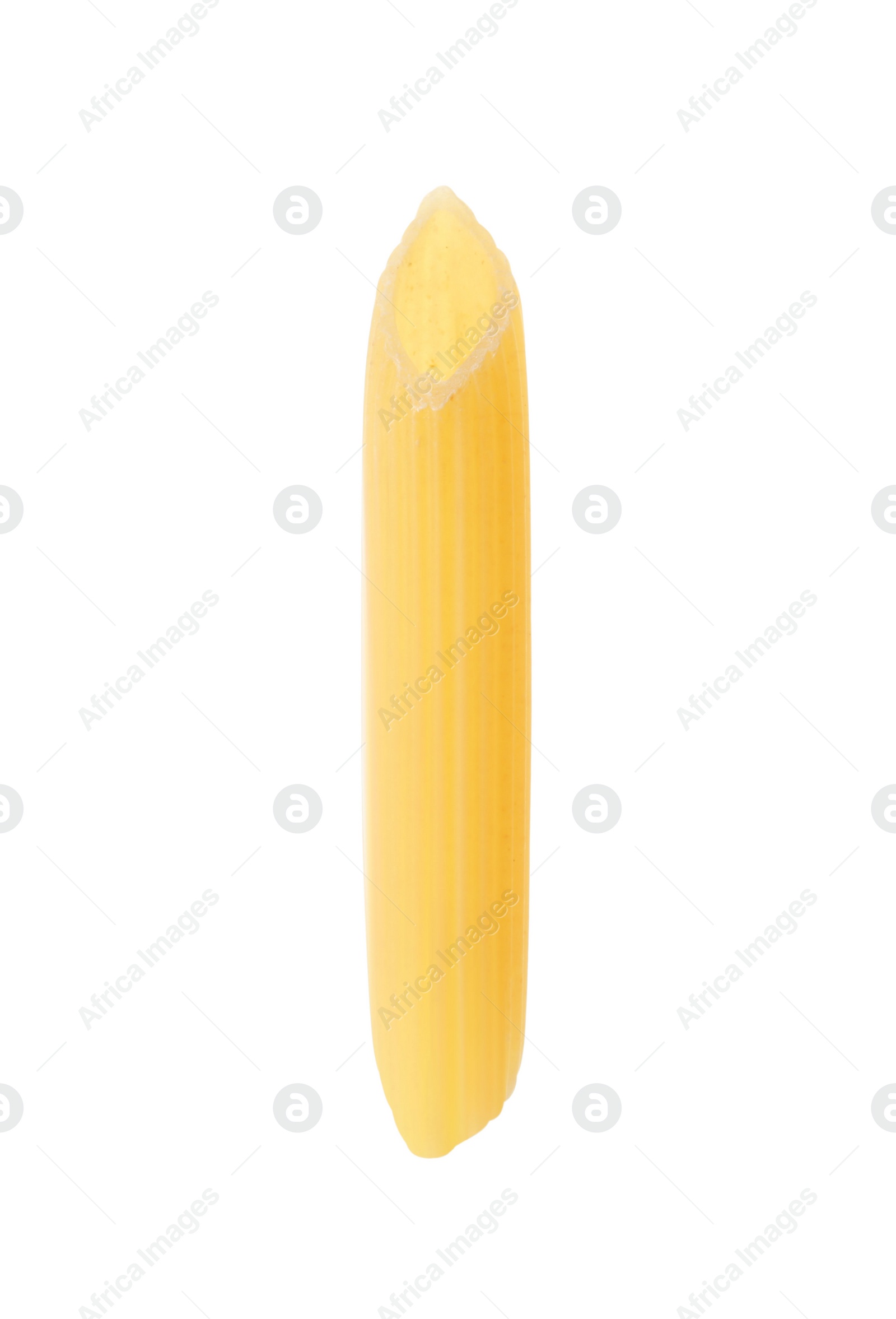 Photo of One piece of raw penne pasta isolated on white