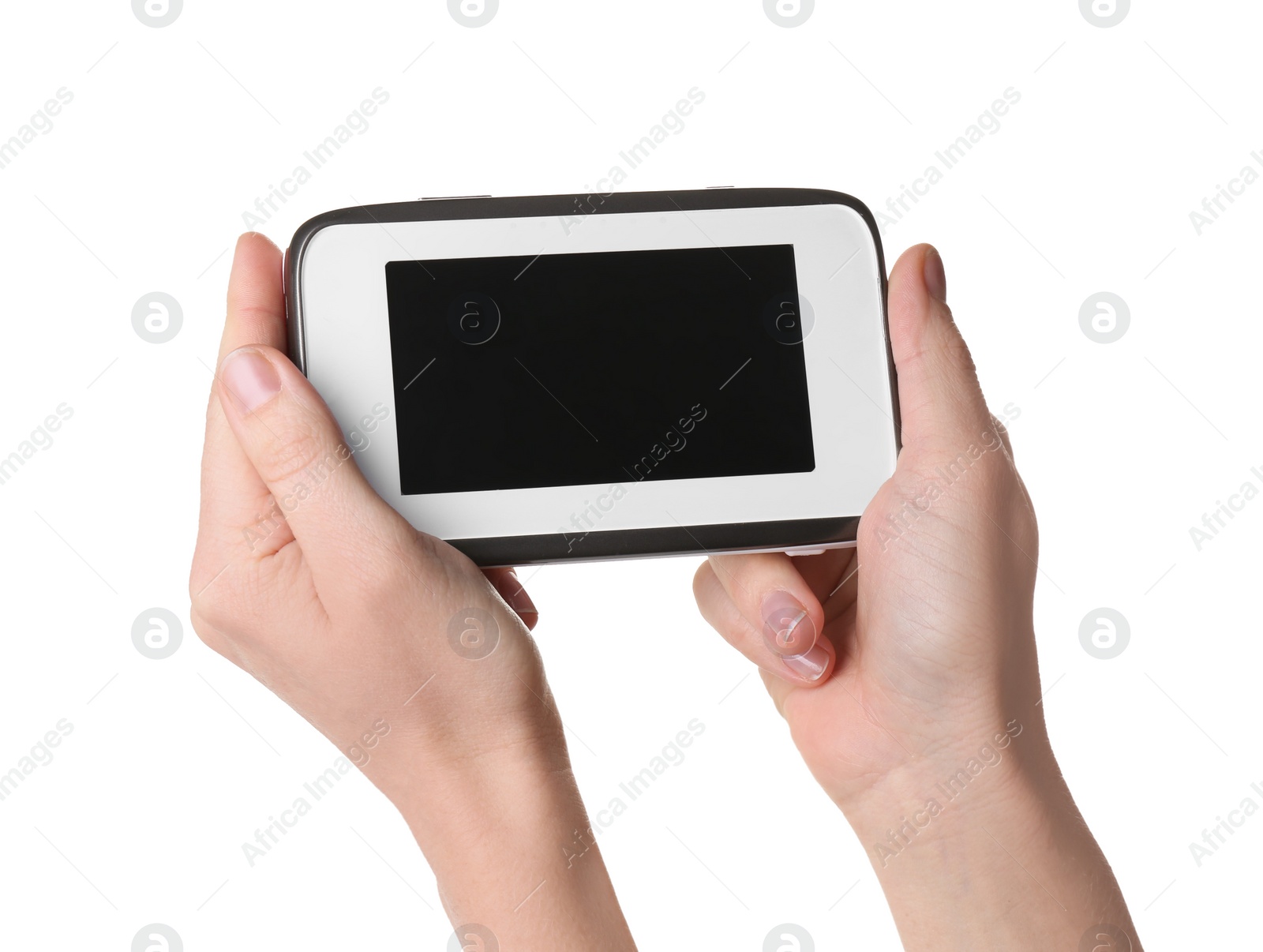 Photo of Woman holding modern monitor on white background, closeup, space for text. CCTV equipment