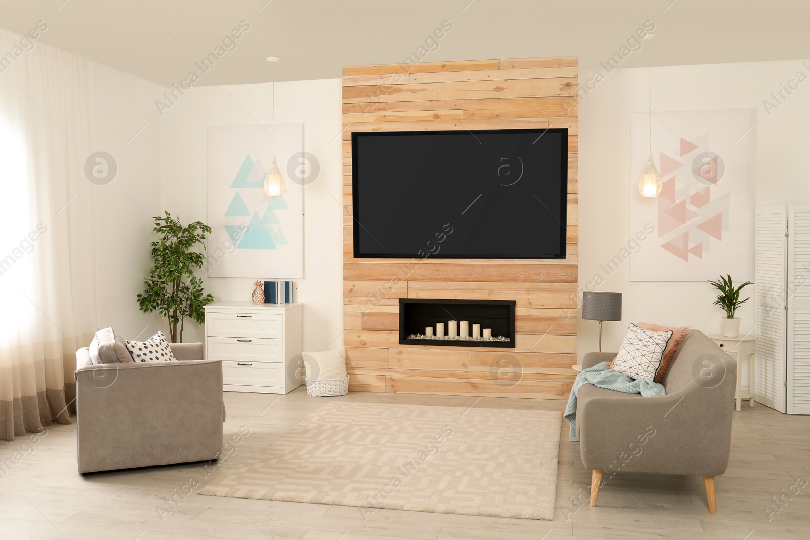 Photo of Living room interior with modern TV on wooden wall