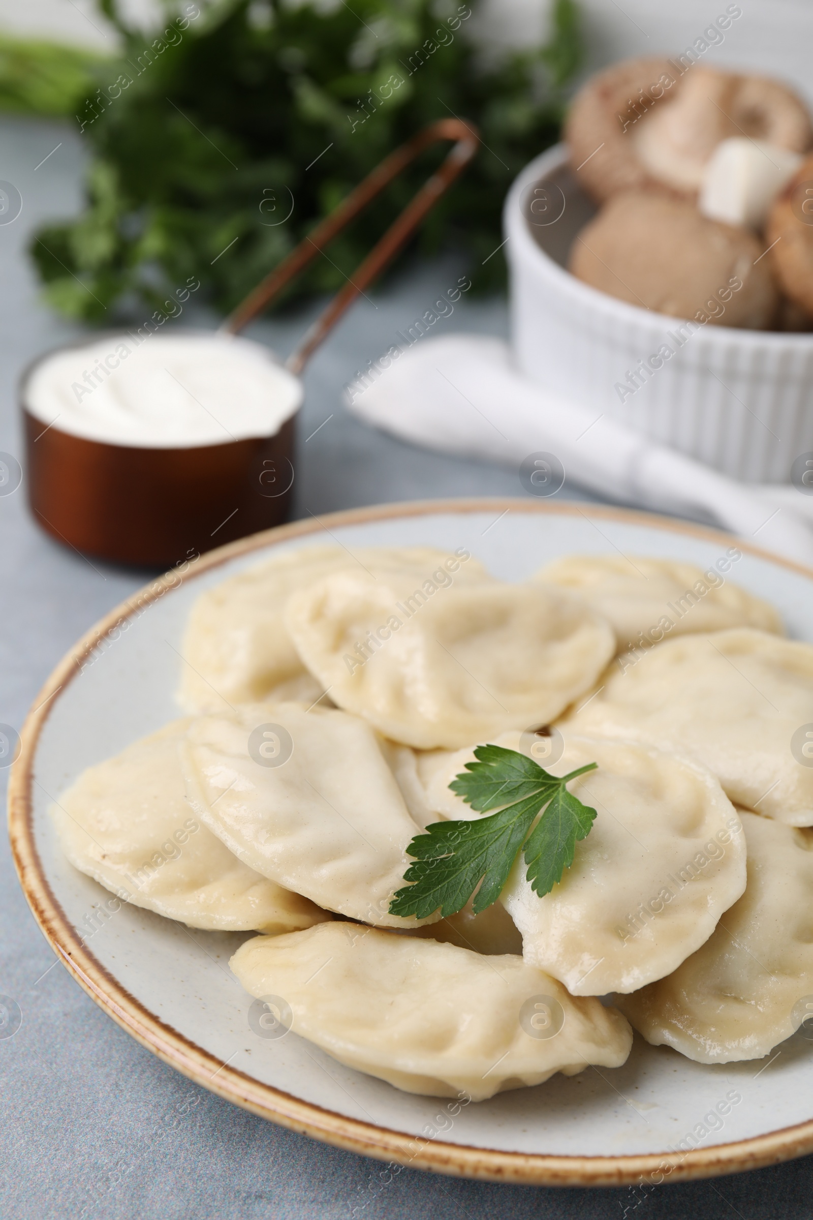 Photo of Delicious dumplings (varenyky) with tasty filling and parsley on light grey table, closeup