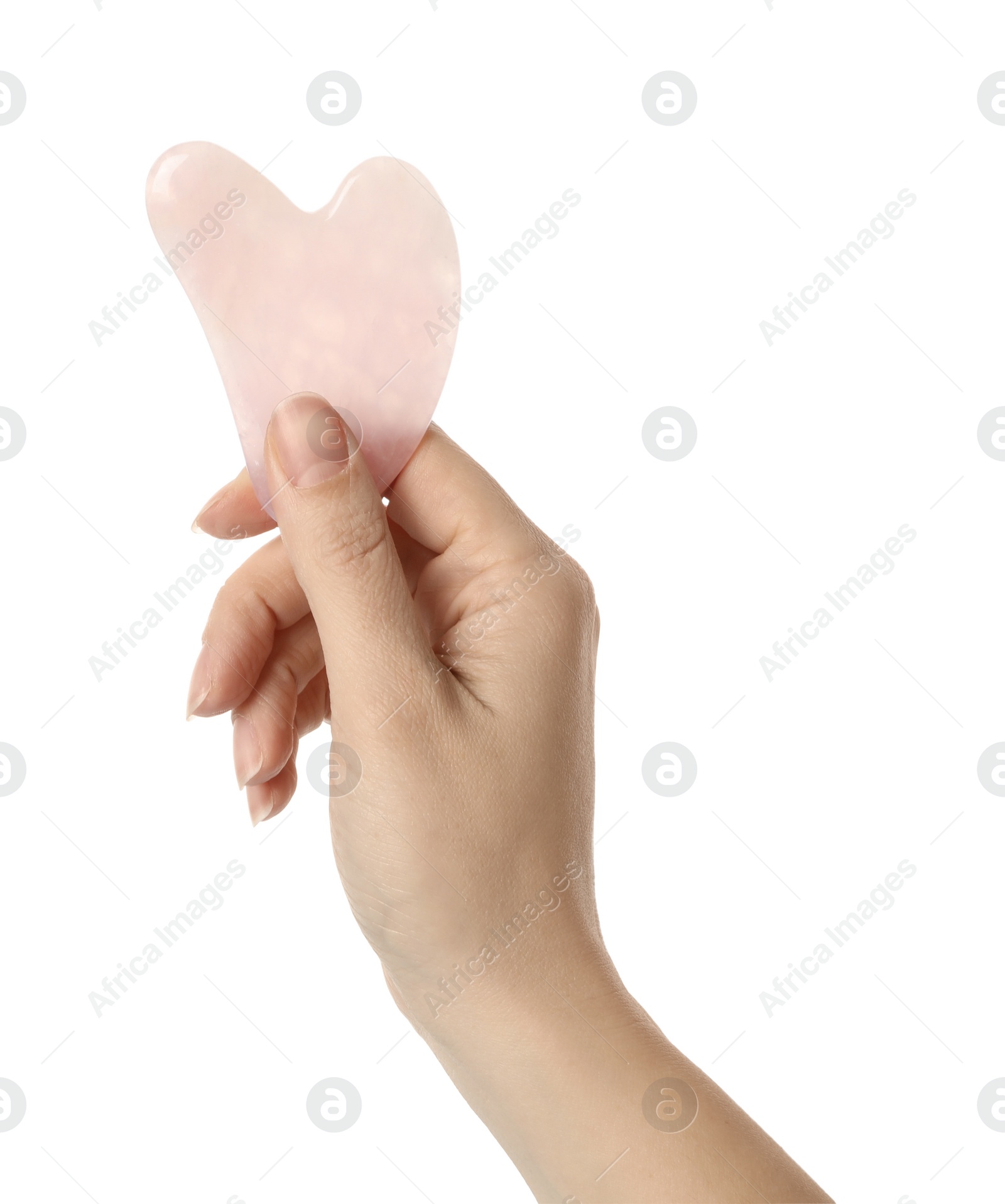 Photo of Woman with rose quartz gua sha tool on white background, closeup