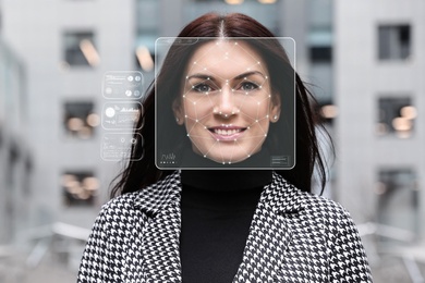 Image of Facial recognition system. Woman with scanner frame and digital biometric grid outdoors