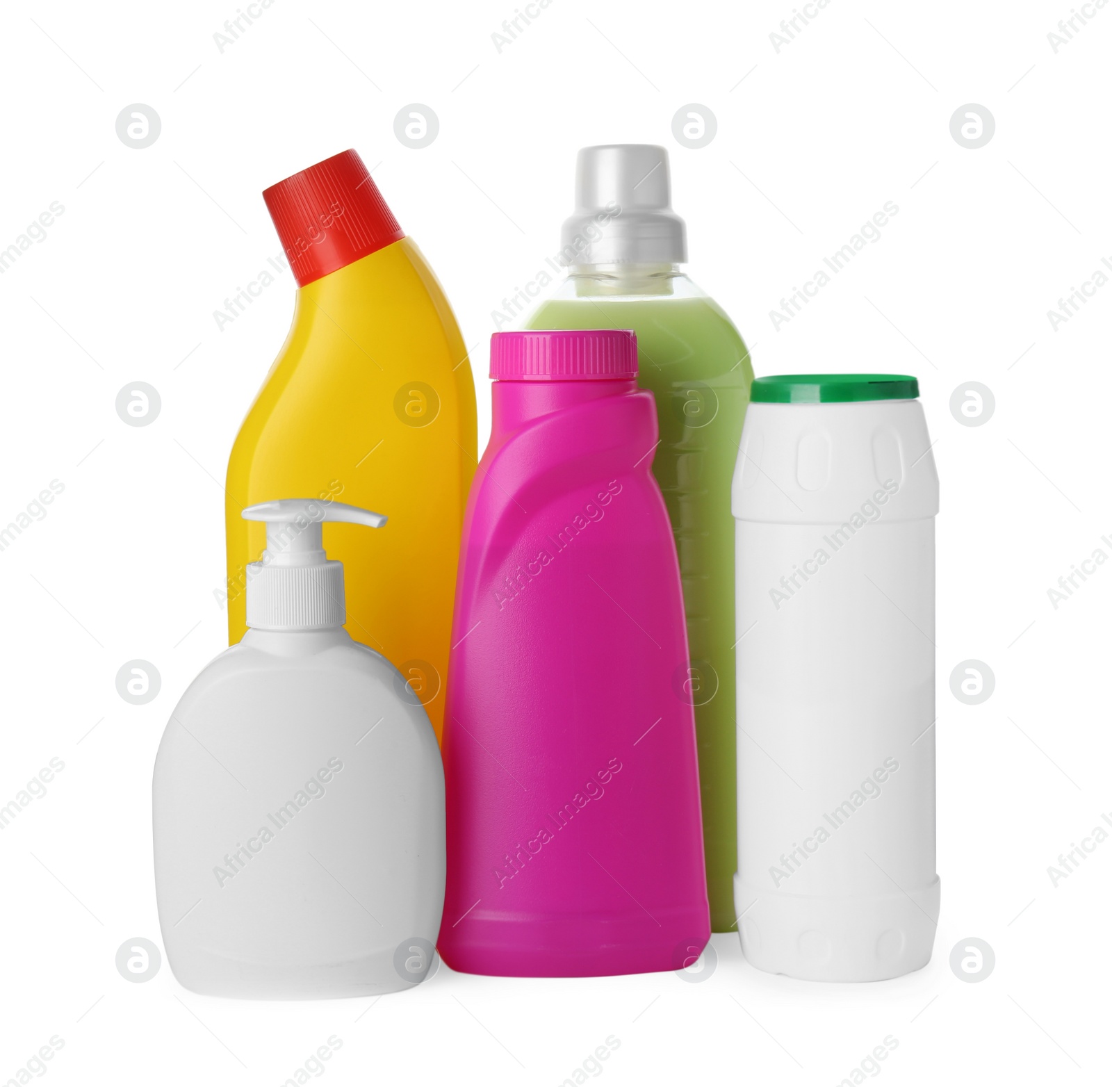 Photo of Set of different cleaning supplies on white background