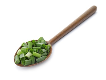 Spoon with chopped green onion on white background