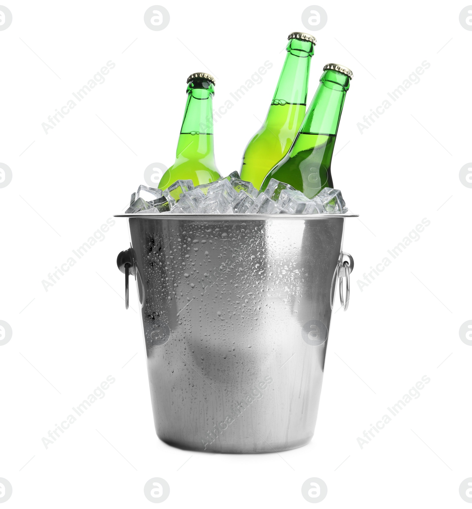 Photo of Metal bucket with bottles of beer and ice cubes isolated on white