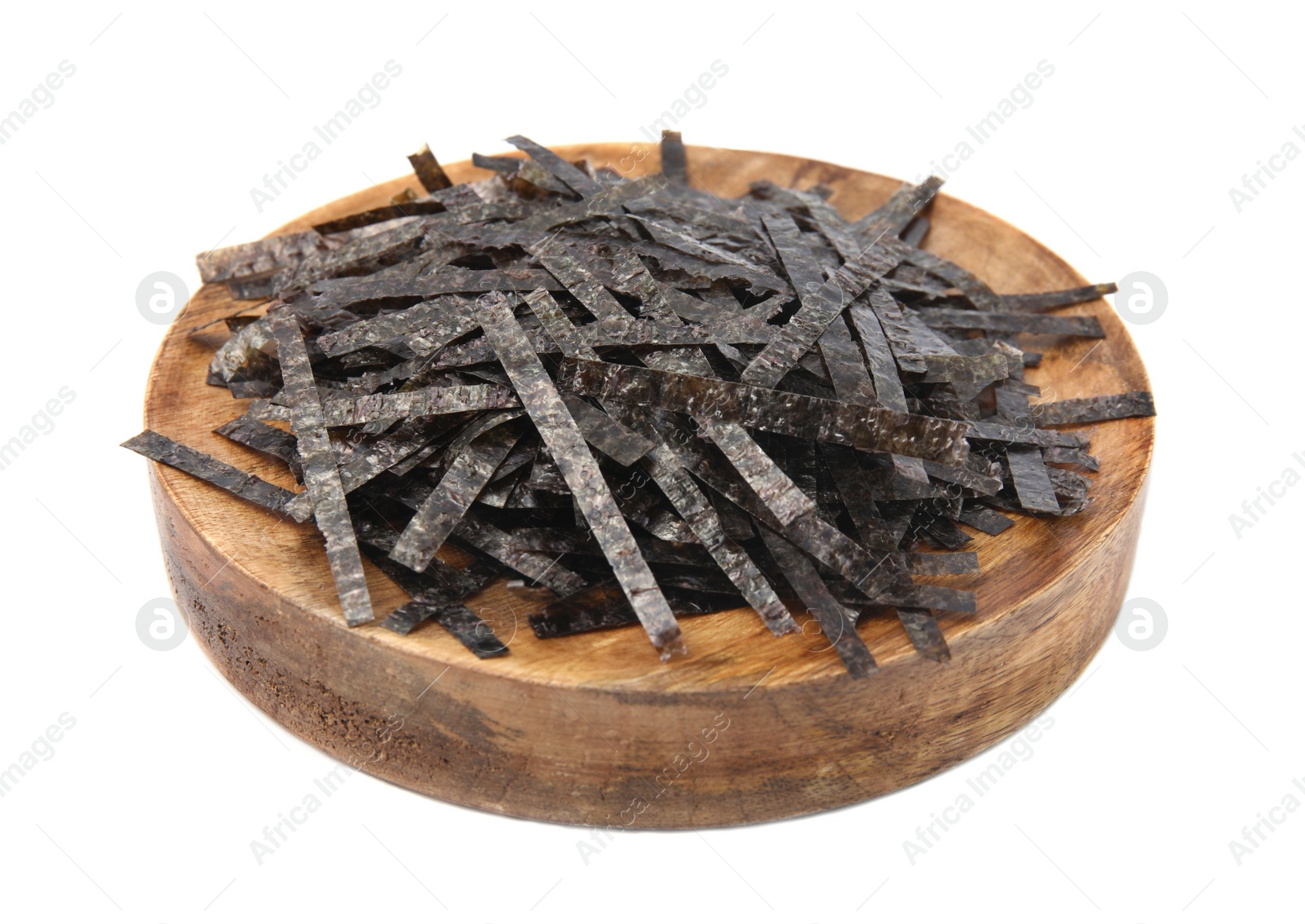 Photo of Wooden board with chopped crispy nori sheets isolated on white