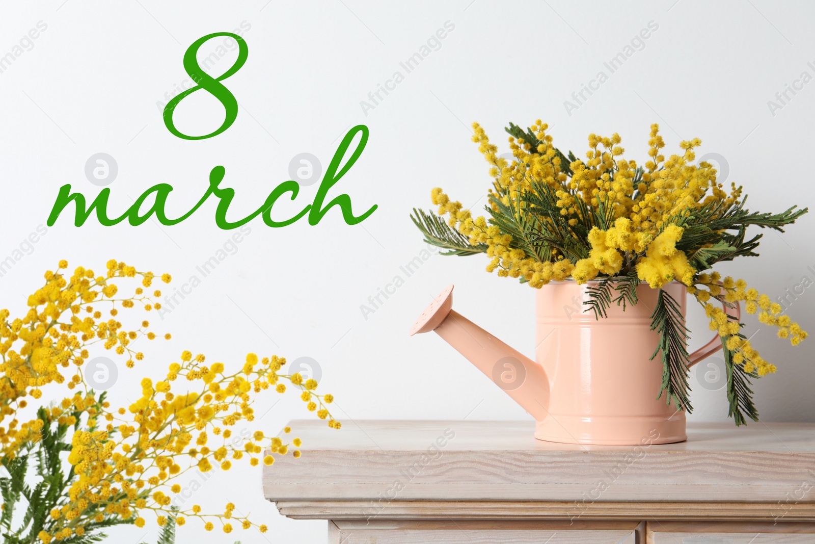 Image of 8 March. Bouquet of beautiful mimosa flowers on wooden table