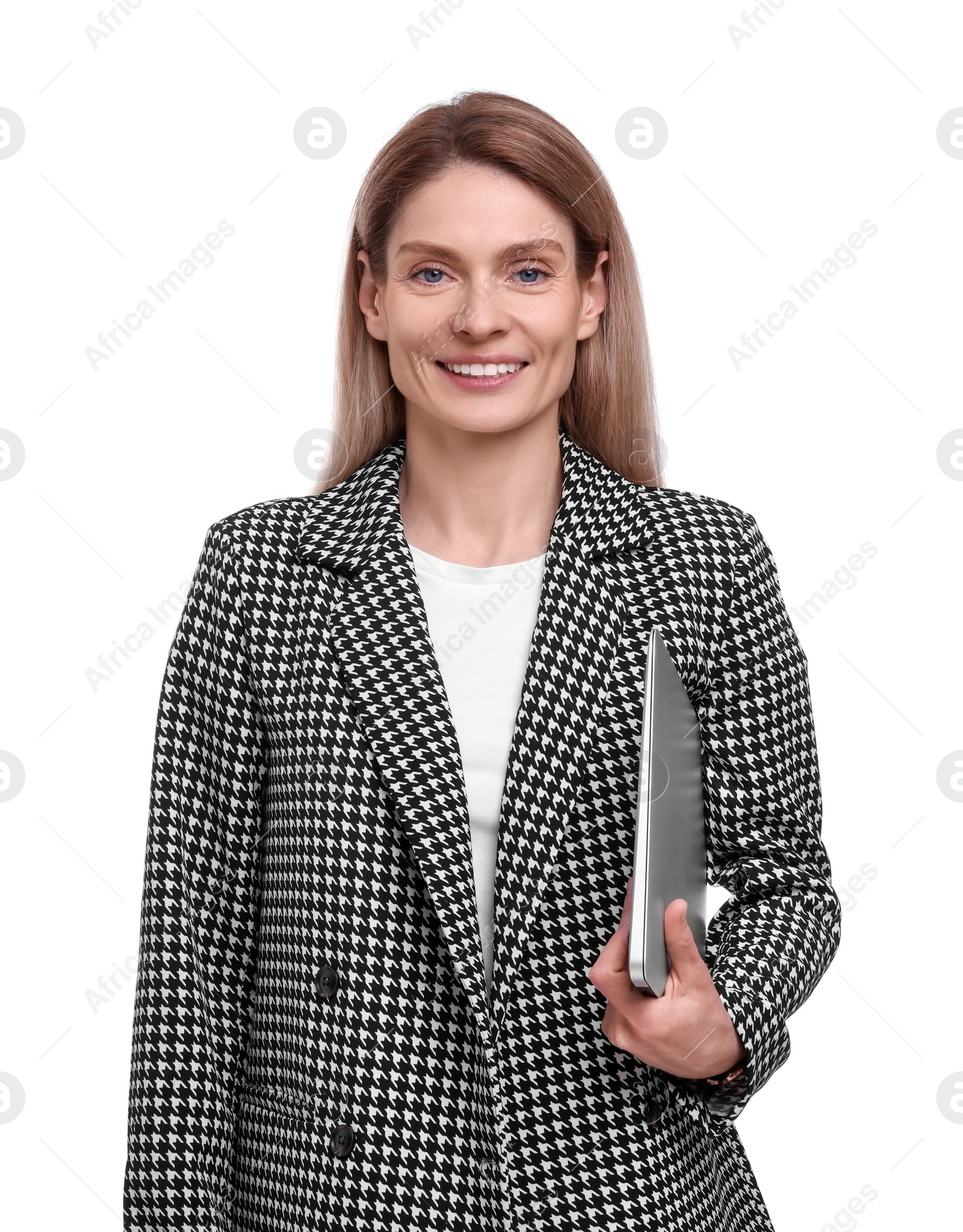 Photo of Beautiful happy businesswoman with laptop on white background