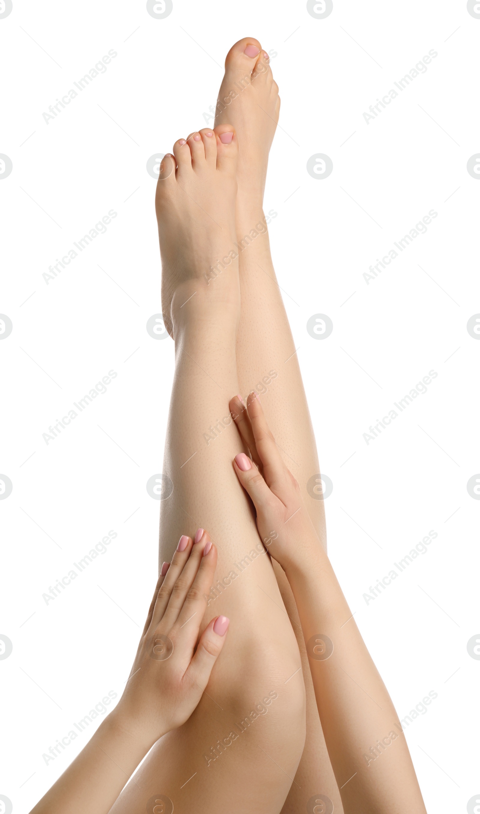 Photo of Woman with beautiful legs isolated on white, closeup