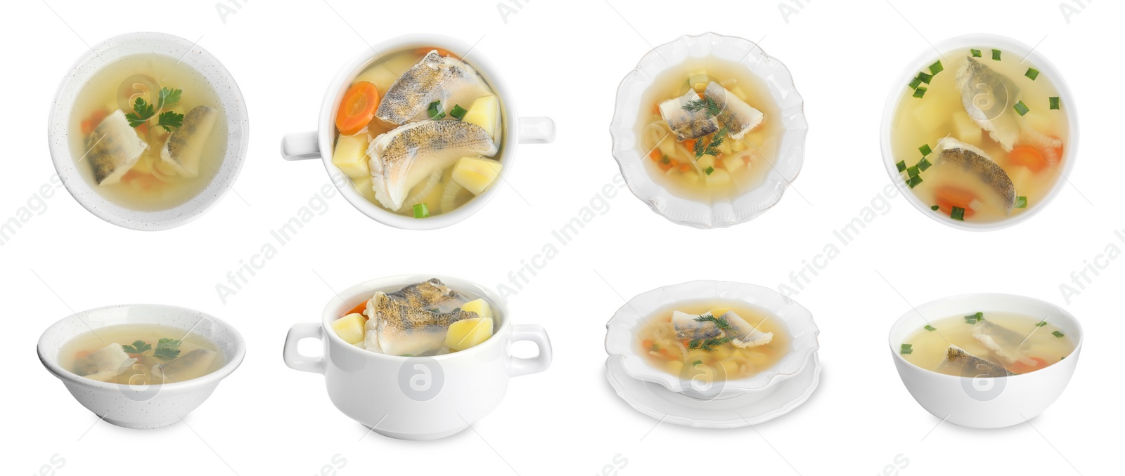 Image of Set of delicious fish soup in bowls on white background. Banner design