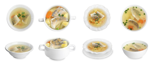 Image of Set of delicious fish soup in bowls on white background. Banner design