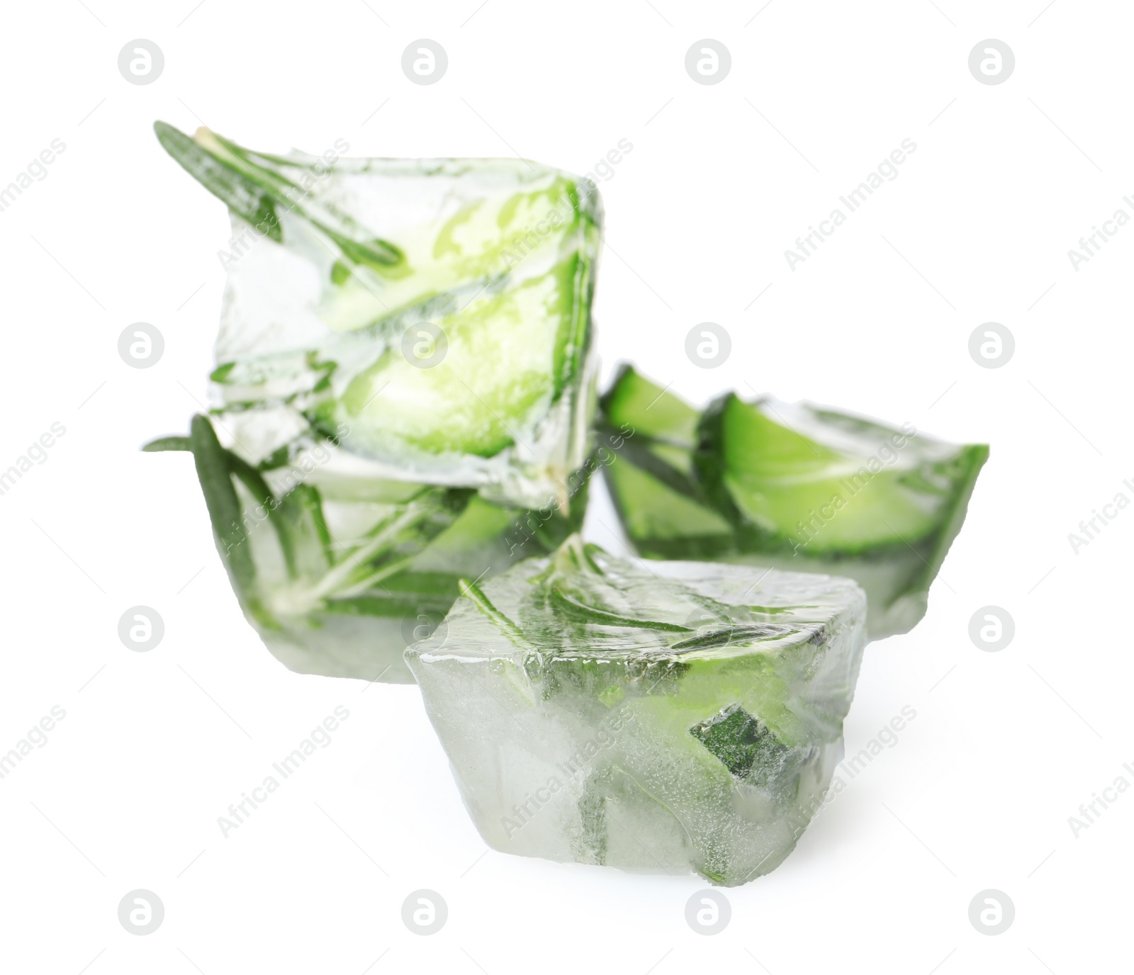 Photo of Ice cubes with cucumber slices and rosemary on white background