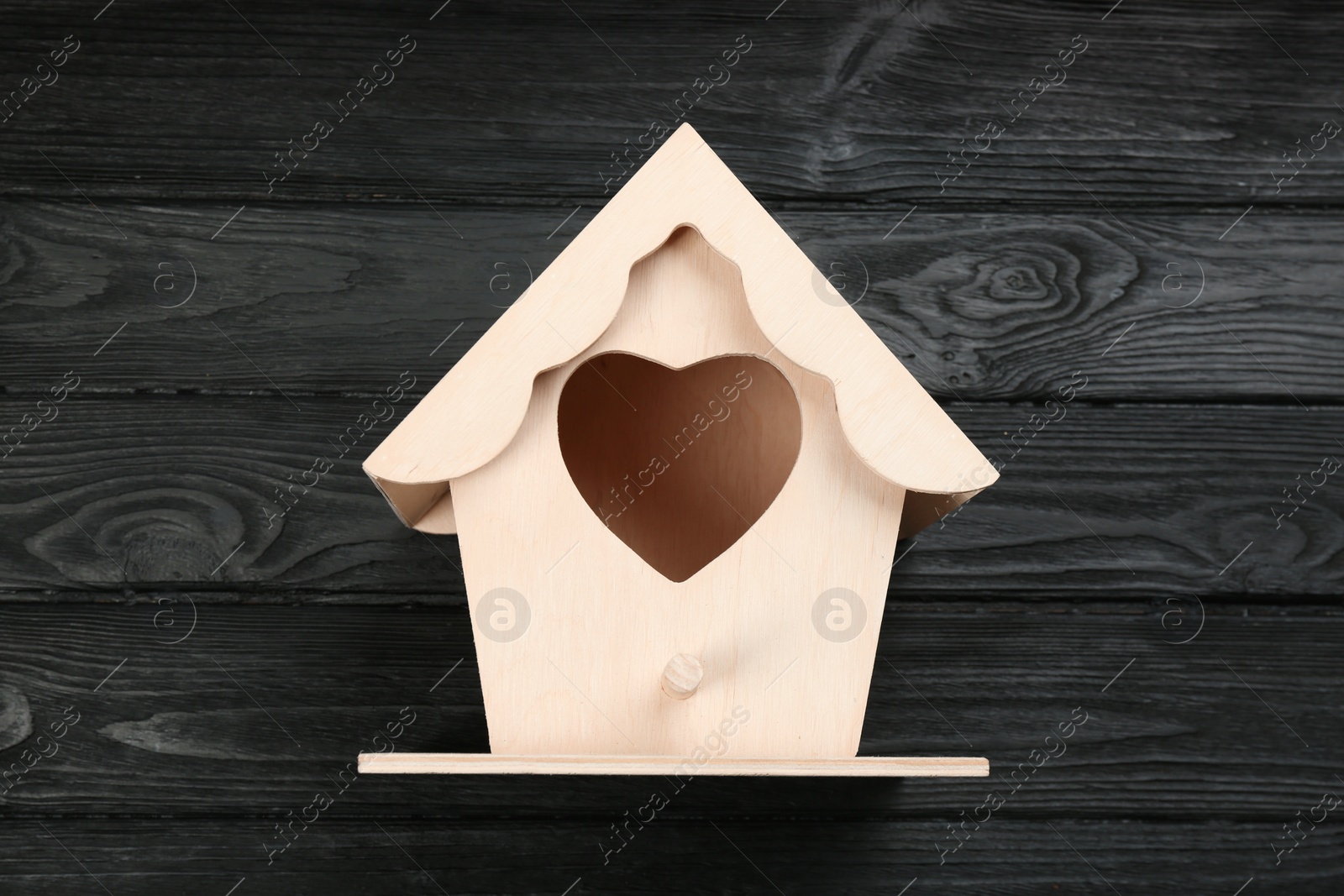 Photo of Beautiful bird house on black wooden table, top view