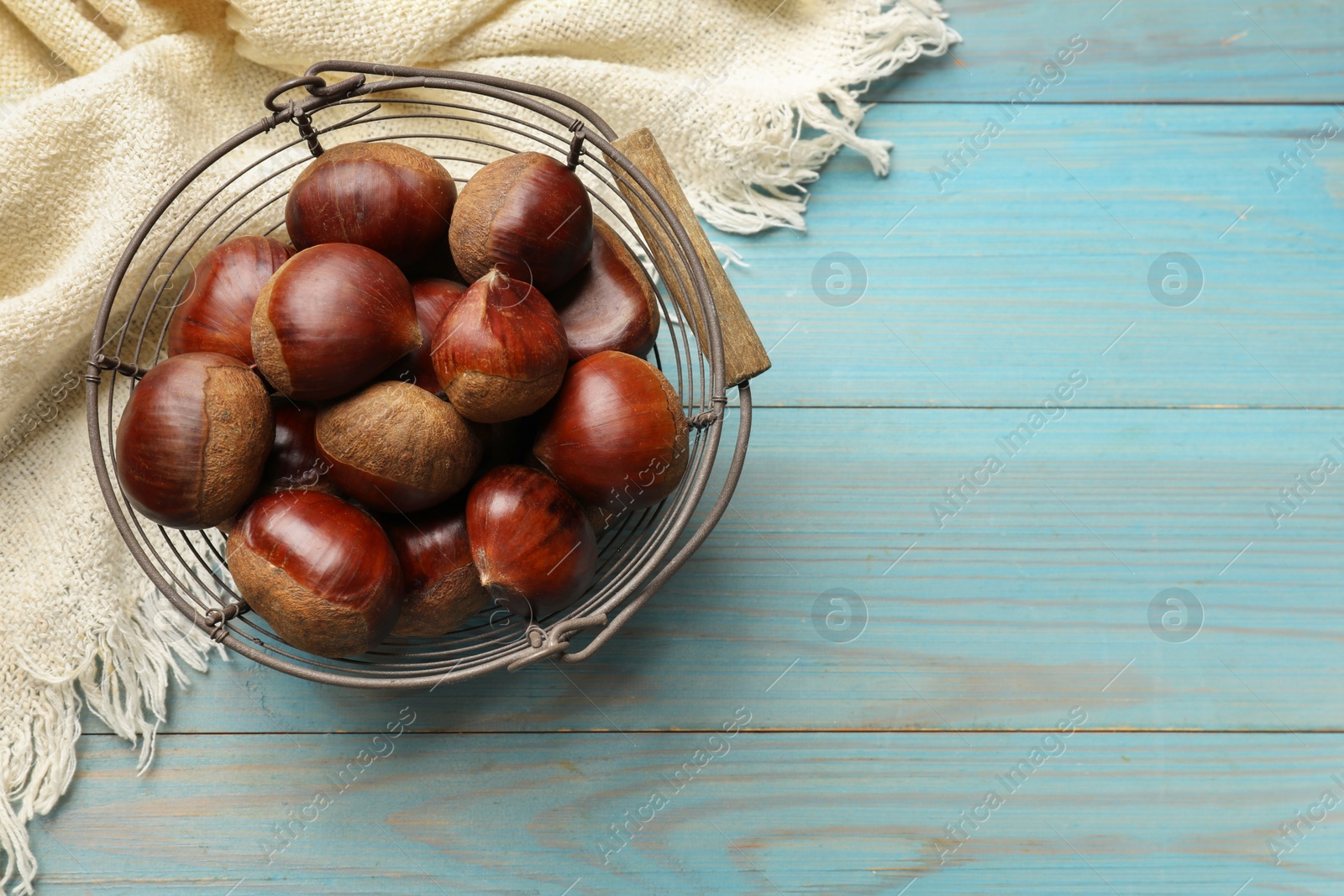Photo of Roasted edible sweet chestnuts in metal basket on light blue wooden table, top view. Space for text