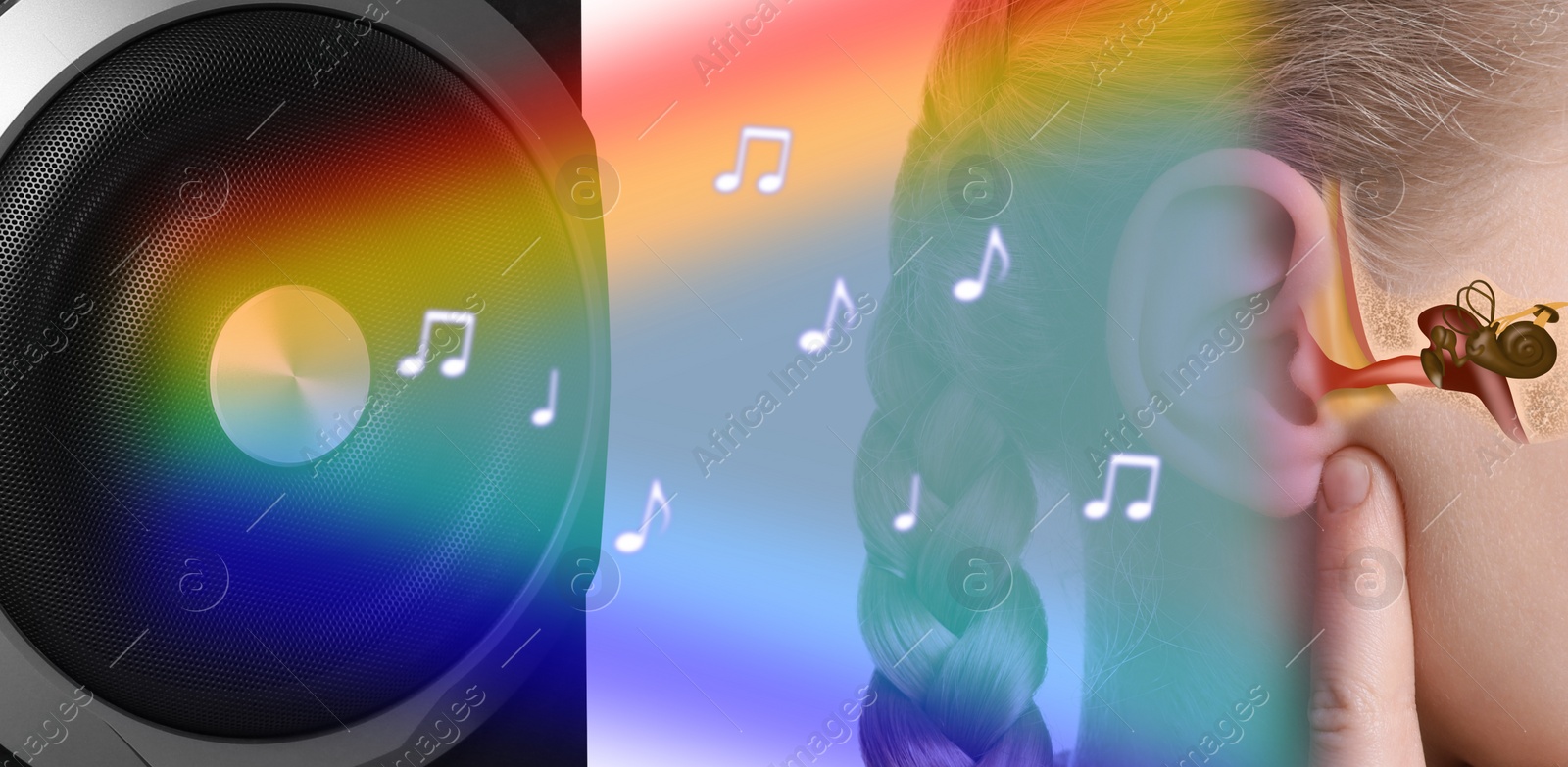 Image of Modern audio speaker and woman listening to music, closeup view of ear. Banner design