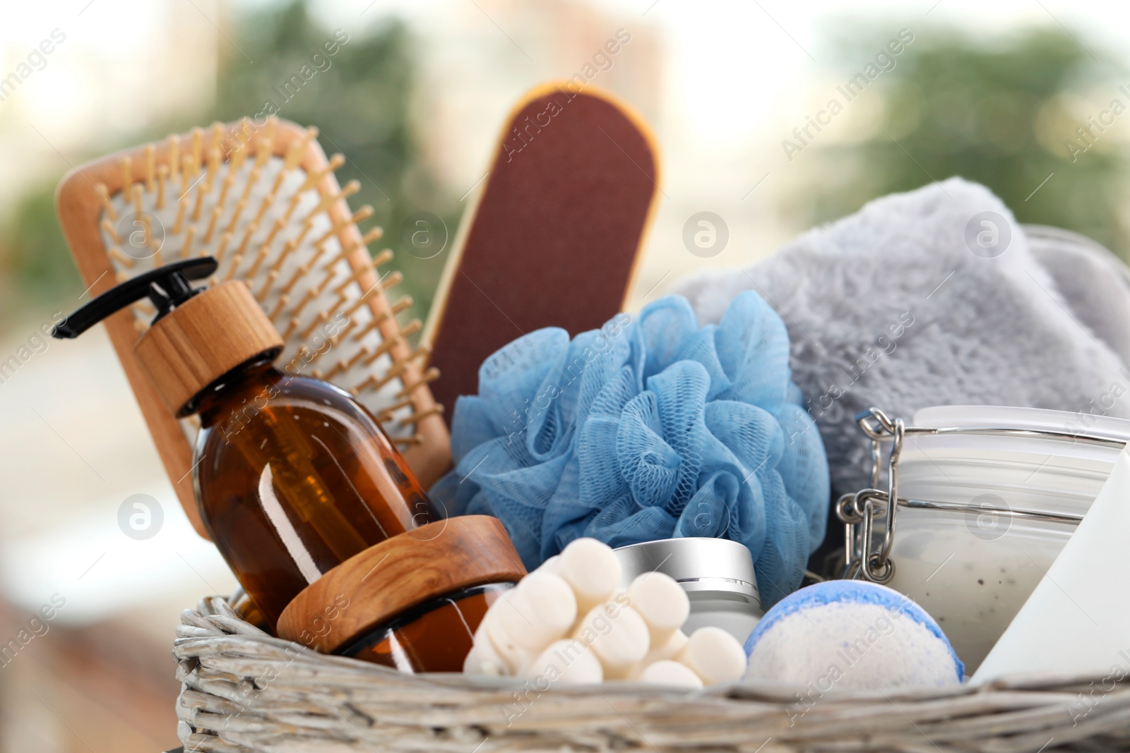 Photo of Spa gift set with different products on blurred background, closeup