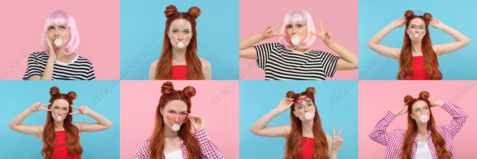 Image of Women blowing bubble gums on color backgrounds, set of photos