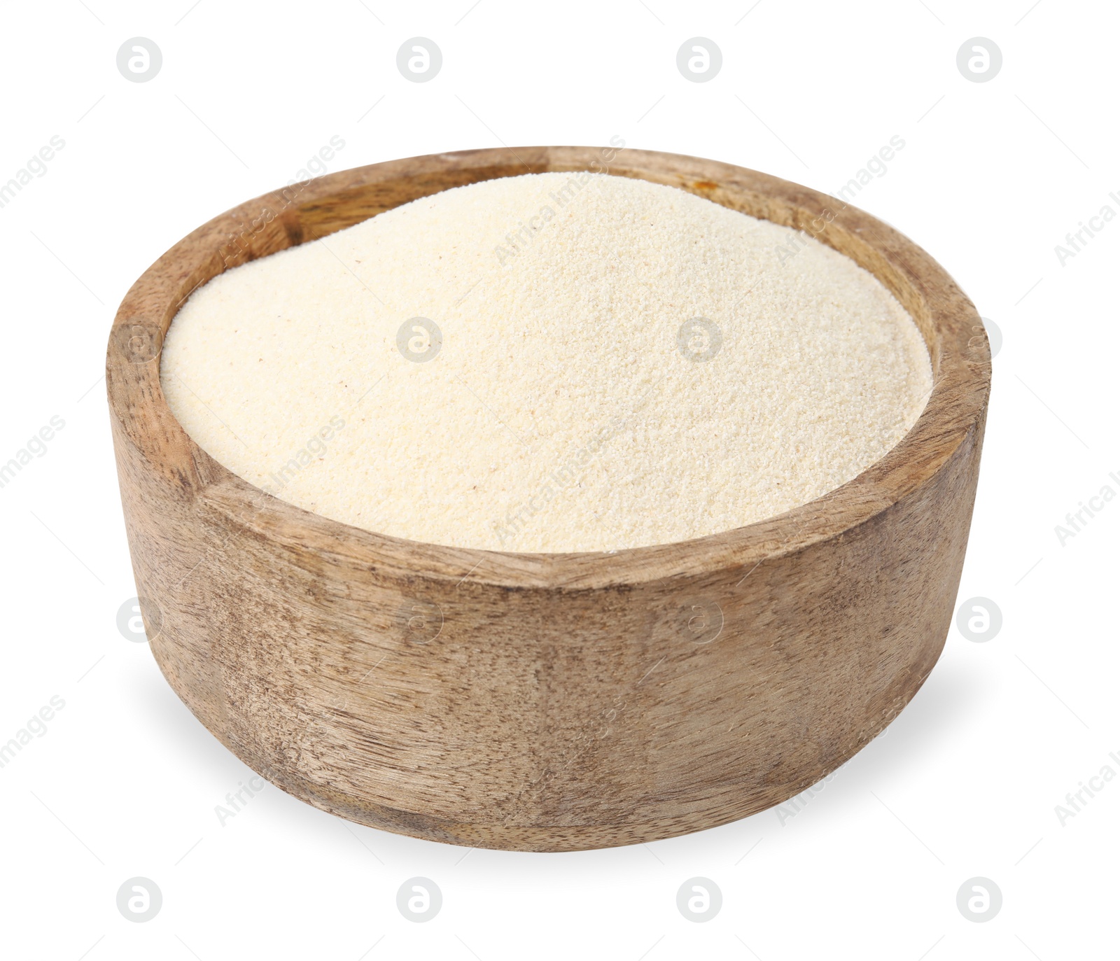 Photo of Bowl of uncooked organic semolina isolated on white