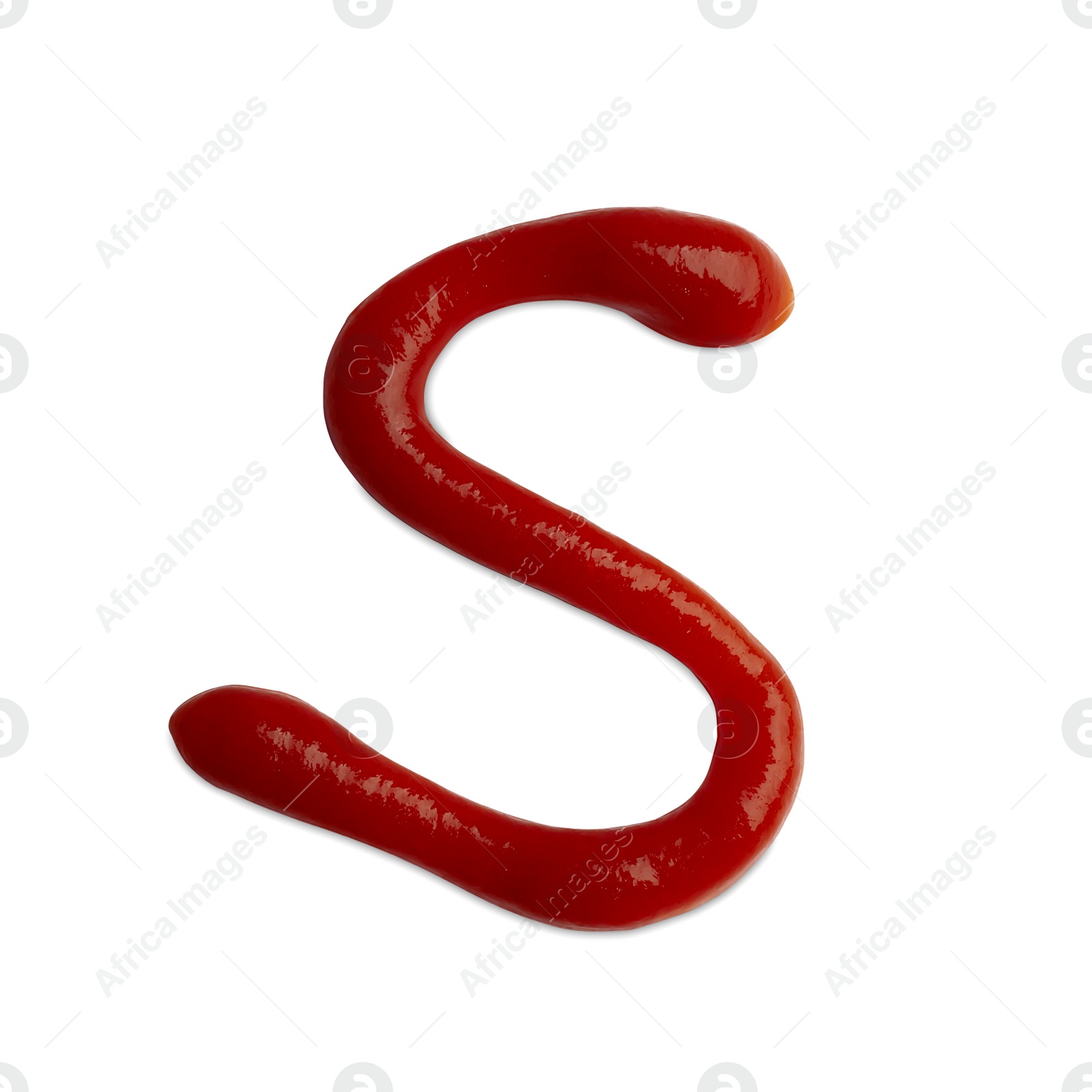 Photo of Letter S written with ketchup on white background