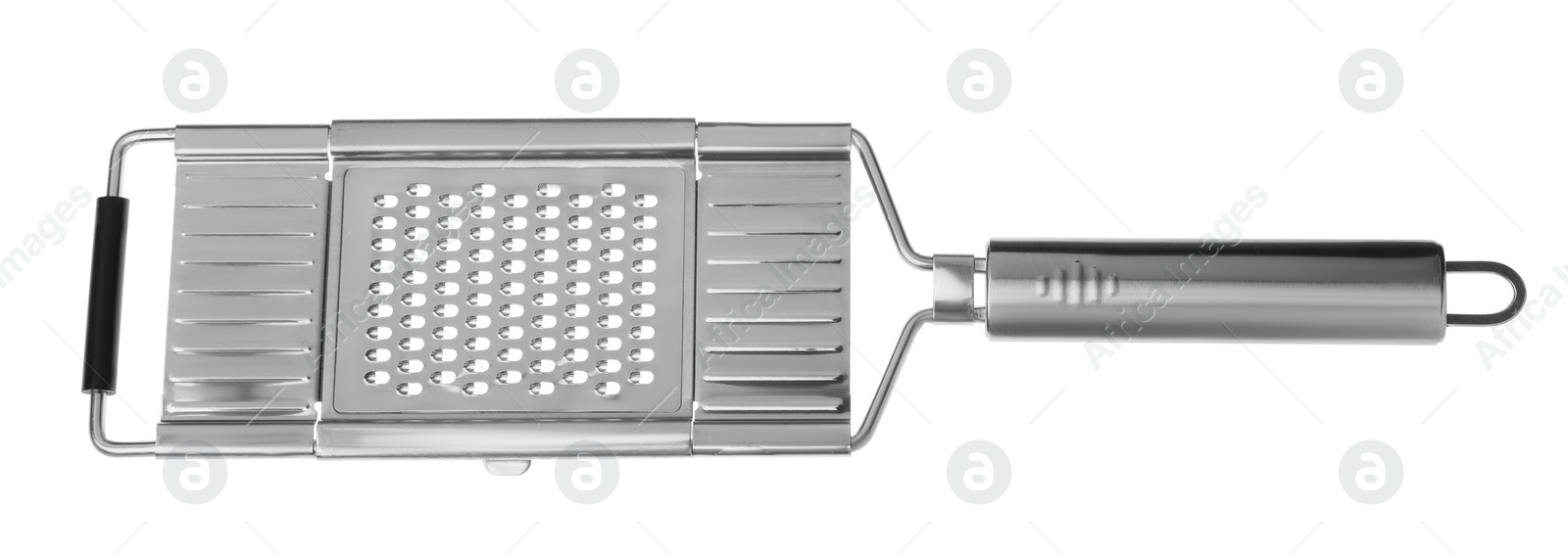 Photo of One metal grater for cheese isolated on white, top view