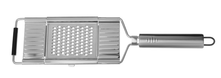 Photo of One metal grater for cheese isolated on white, top view