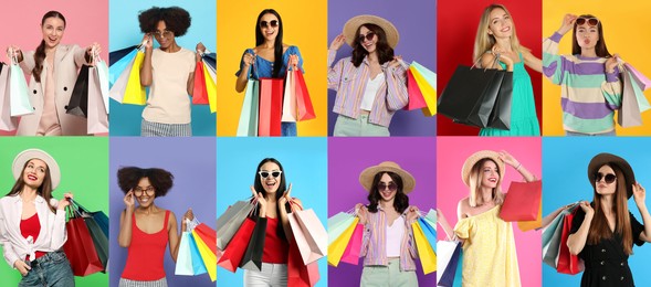Image of Collage with photos of women holding shopping bags on different color backgrounds