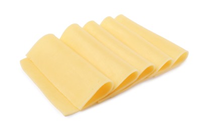 Photo of Slices of tasty fresh cheese isolated on white