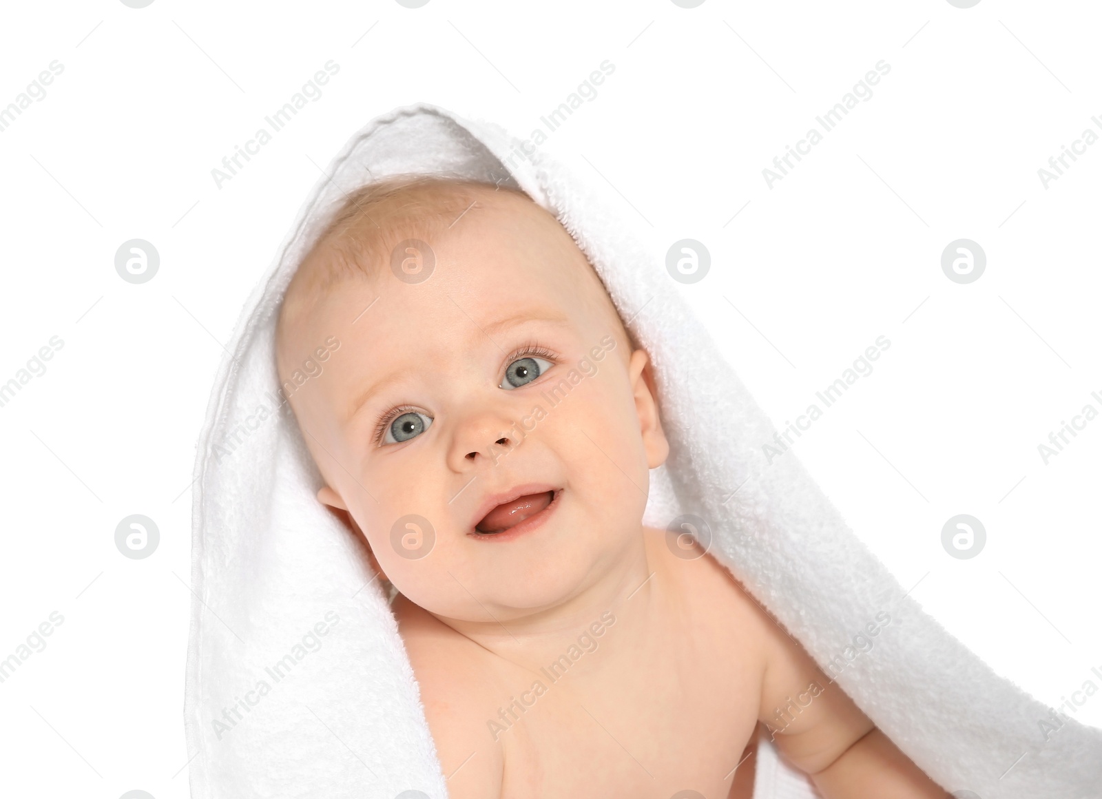 Photo of Cute little baby with soft towel on white background