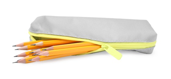 Many sharp pencils in pencil case on white background