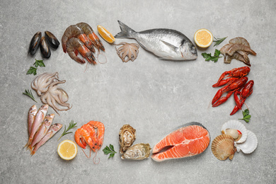 Photo of Fresh fish and seafood on light grey table, flat lay. Space for text