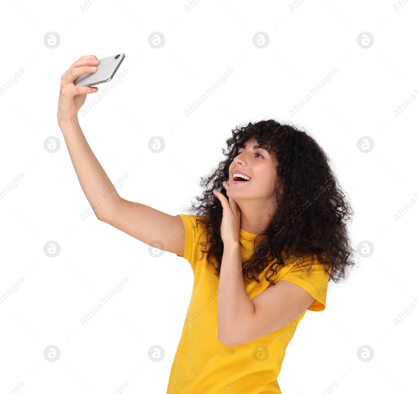 Photo of Beautiful young woman taking selfie on white background