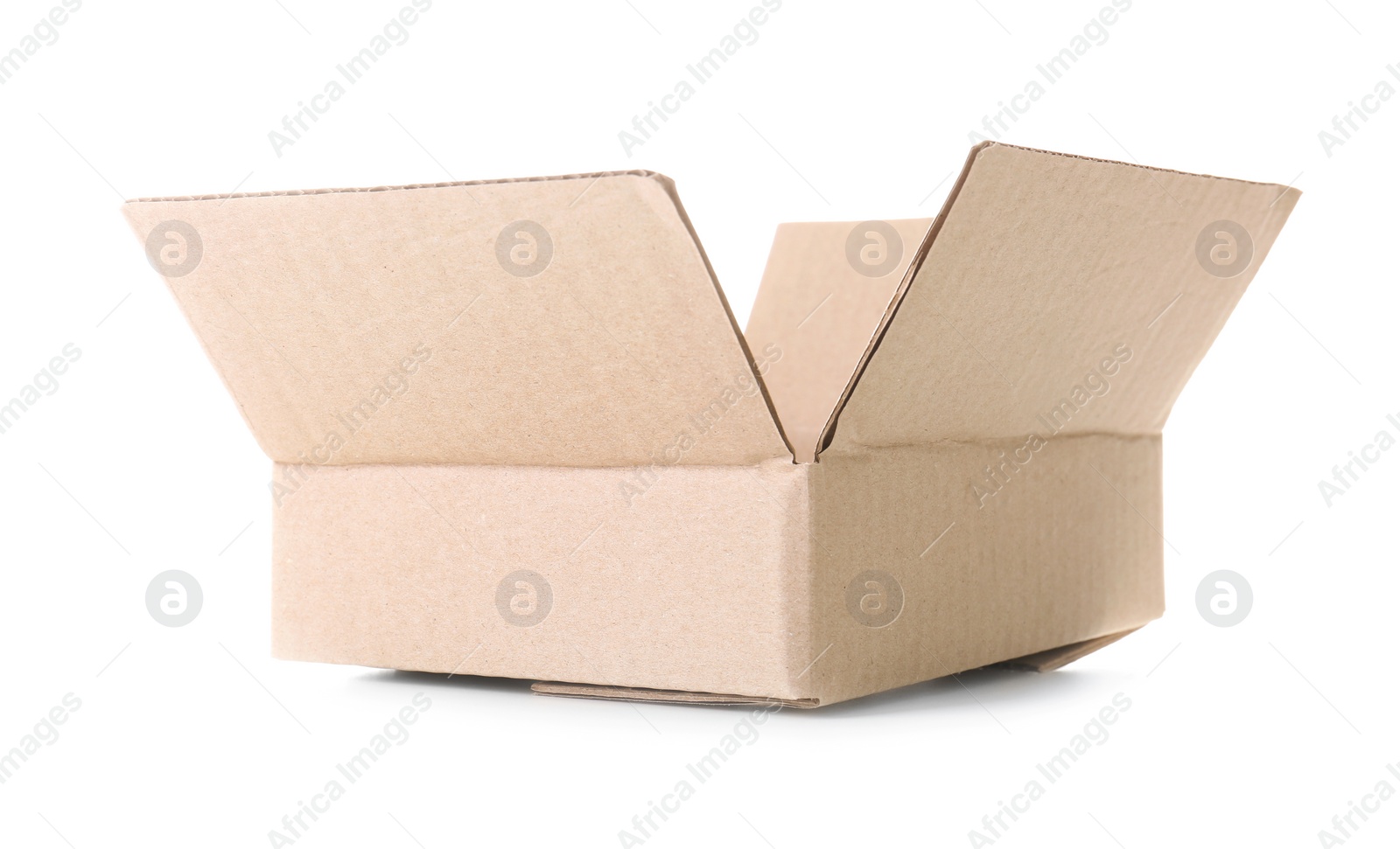 Photo of Open empty cardboard box on white background