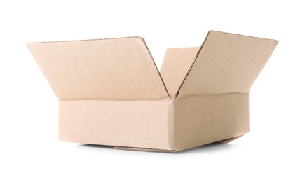 Photo of Open empty cardboard box on white background