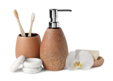 Photo of Bath accessories. Set of different personal care products and flower isolated on white